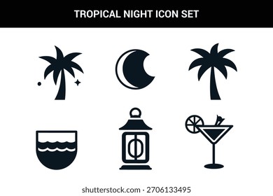 Ilustración de Arte vectorial de conjunto de iconos de noche tropical sobre un fondo blanco.
