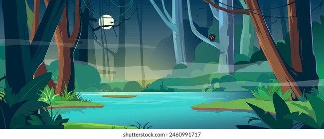 Tropical night jungle with river background banner in cartoon design. Wildlife rainforest with misty, moon, lianas and bird on trees, lush bushes and fern, blue water pond. Vector cartoon illustration