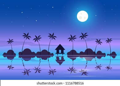 Tropical night landscape. Colorful seascape. Adventures and travel background