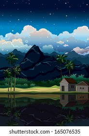 Tropical night landscape  with mountains and huts.