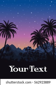 Tropical Night Landscape, Palm Trees and Exotic Plants Black Silhouettes on the Background of Mountains and Starry Sky. Eps10, Contains Transparencies. Vector