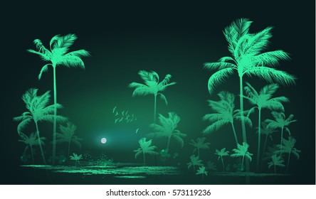 Tropical night landscape with palm trees