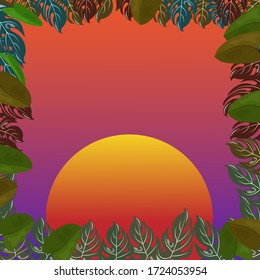 Afiche vectorial de fiesta tropical con hojas tropicales y fondo de puesta de sol