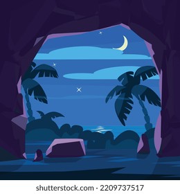 Tropical night scene with view from cave entrance on palms, flat cartoon vector illustration. Tropical nature background design with palms and moon light.