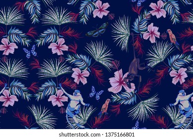 Tropical night seamless pattern with flowers, monkey and parrots. Vector floral patch for print.