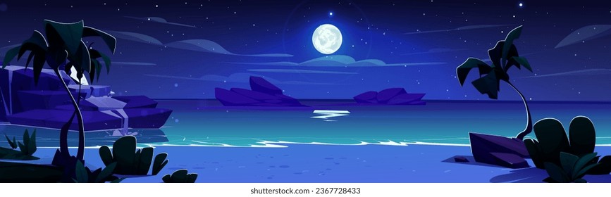 Tropical night seascape with sandy beach and exotic palm trees. Vector cartoon illustration of beautiful sea view, waterfall on rocky stone island, waves washing dark coastline, moon and stars in sky