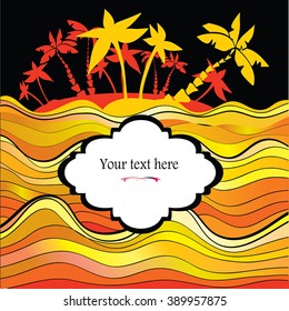 Tropical night -  seaside vector illustration with vintage label frame for text - greeting card, invitation, motivational poster. Gold sea waves, bright island silhouette. Black night sky. Eps 10.