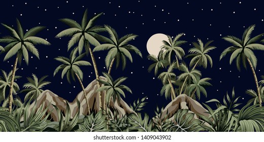 Tropical night starry moon vintage floral palm tree, plants, mountain seamless border black background. Exotic dark jungle wallpaper. 