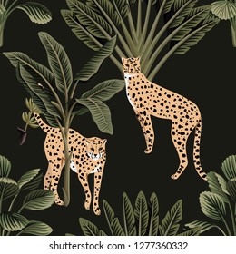 Tropical night vintage cheetah and palm tree floral seamless pattern dark background. Exotic jungle wallpaper.