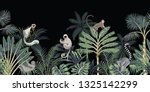 Tropical night vintage floral palm tree, banana tree, plants, wild animals monkey, sloth, lemur seamless border black background. Exotic dark jungle wallpaper.