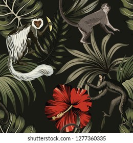 Tropical night vintage monkey, palm leaves, red hibiscus flower floral seamless pattern dark background. Exotic jungle wallpaper.