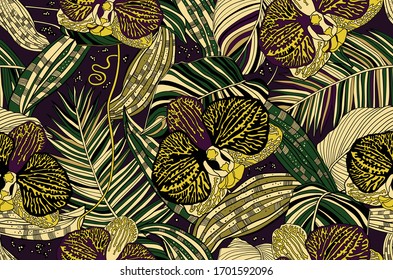 Tropical night vintage orchids, palm leaves floral, flower seamless pattern dark background. Exotic jungle wallpaper.