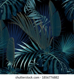 Tropical Night Vintage Palm, Banana, Plant, Golden Leaves, Floral Seamless Border Black Background. Exotic Dark Jungle Wallpaper.