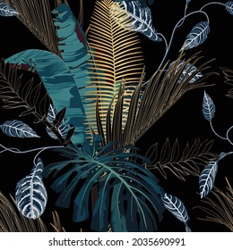 Tropical night vintage palm, banana, plant, golden leaves, floral seamless border black background. Exotic dark jungle wallpaper.