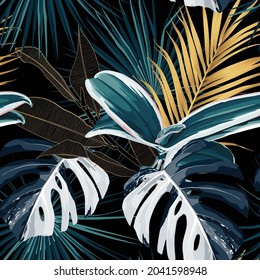 Tropical night vintage palm, banana, plant, golden leaves, floral seamless border black background. Exotic dark jungle wallpaper.