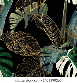 Tropical night vintage palm, banana, plant, golden leaves, floral seamless border black background. Exotic dark jungle wallpaper.