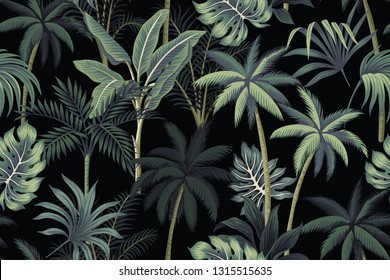 Tropical night vintage palm tree, banana tree and palm leaves floral seamless pattern black background. Exotic dark jungle wallpaper.