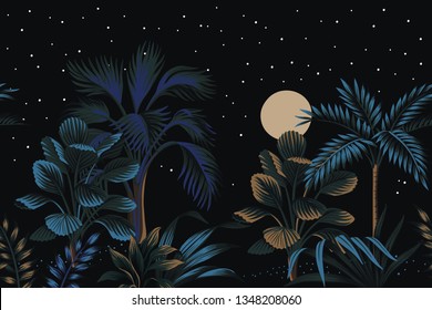 Tropical night vintage palm tree, banana tree, plant, moon, star sky floral seamless border black background. Exotic dark jungle wallpaper.