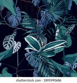 Tropical night vintage pattern, palm tree leaves and exotic plant  seamless border on black background. Exotic jungle wallpaper.