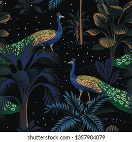 Tropical night vintage peacock bird, palm tree, plant, stars sky floral seamless pattern black background. Exotic dark jungle wallpaper.