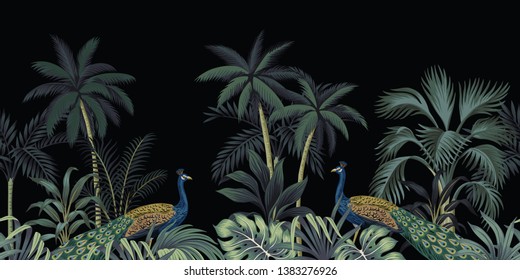 Tropical night vintage peacock, palm tree and plant floral seamless border black background. Exotic jungle wallpaper.