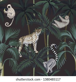 Tropical night vintage wild animal leopard, sloth, lemur, palm trees, floral seamless pattern dark background. Exotic botanical jungle wallpaper.