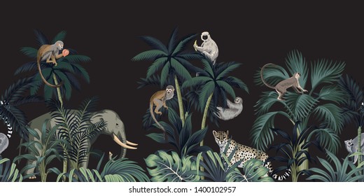 Tropical night vintage wild animals elephant, monkey, sloth, palm tree, palm leaves and plant floral seamless border black background. Exotic jungle wallpaper. 