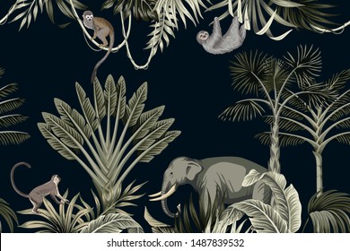 Tropical night vintage wild animals elephant, monkey, sloth, palm tree, liana, palm leaves floral seamless border black background. Exotic jungle wallpaper.