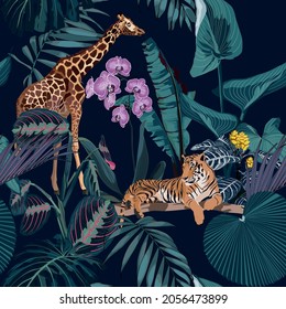 Tropical night vintage wild animals tiger and giraffe pattern, palm tree, palm leaves and plant floral seamless border black background. Exotic jungle wallpaper.	