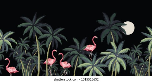 Tropical night vintage wild birds flamingo, palm tree and moon floral seamless border black background. Exotic dark jungle wallpaper.