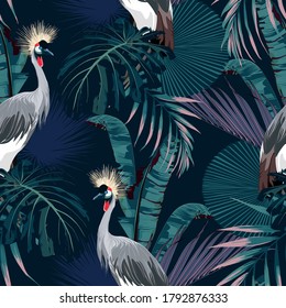 Tropical Night Vintage Wild Birds Pattern, Palm Tree, Palm Leaves And Plant Floral Seamless Border Black Background. Exotic Jungle Wallpaper.  Japanese Crane Bird Pattern.