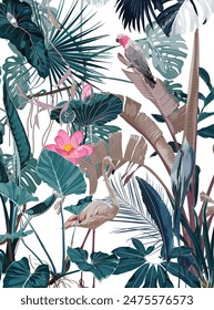 Tropical night vintage wild birds pattern, palm tree, palm leaves and plant floral seamless border white background. Exotic jungle wallpaper. Flamingo bird pattern.