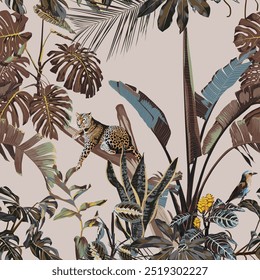 Tropical night vintage wild pattern, palm tree, palm leaves and plant floral seamless border black background. Exotic jungle wallpaper. Leopard animal.