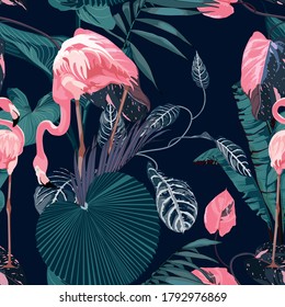 Tropical night vintage wild pink flamingo birds  pattern, palm tree, palm leaves and plant floral seamless border black background. Exotic jungle wallpaper.