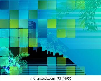Tropical nighttime cityscape. Includes transparencies (EPS10);