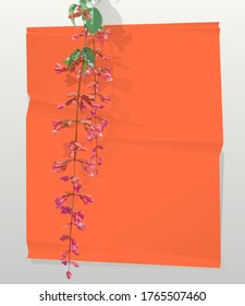 Tropical Nong nooch vine (Petraeovitex wolfei) flowers on sharp crumpled bright orange paper, blank summer flowers frame template design