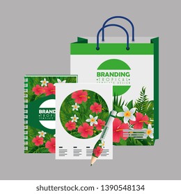 tropical notebook design with document and bag