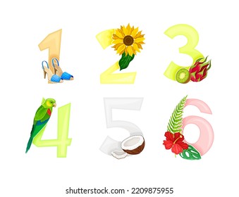 Números tropicales establecidos. Numerosos hechos de flores exóticas y hojas ilustración vectorial de dibujos animados