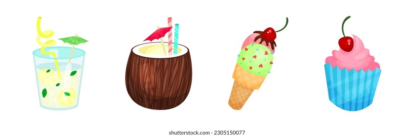 Tropical Objects and Element with Cocktail, Ice Cream and Cupcake Vector Set