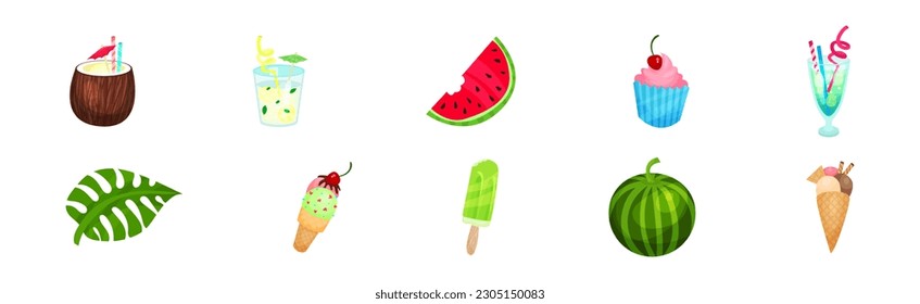 Tropical Objects and Element with Cocktail, Monstera Leaf, Ice Cream and Watermelon Vector Set