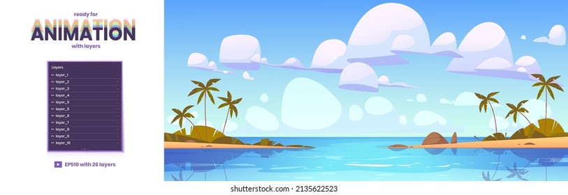 Tropical ocean beach with palm trees. Vector parallax background ready for 2d animation with cartoon seascape, summer landscape with sea lagoon and sand shore