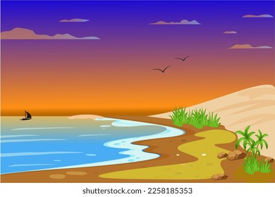 Tropical ocean beach sunset background with dynamic line vector, orange color abstract fit for poster, backdrop, illustration, presentation