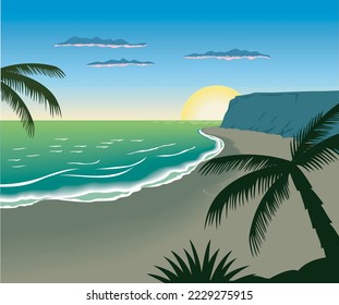 Tropical Ocean Beach Vector Illustration