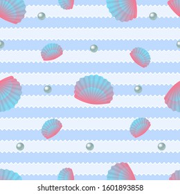 Tropical ocean blue bar background clam, cartoon hand drawn shell, vector graphics, marine logo illustration, aquarium decoration, shellfish marine life