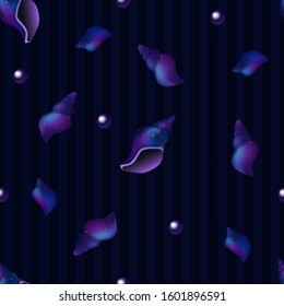 Tropical ocean blue starry conch seamless background, cartoon hand drawn shells, vector graphics, marine logo illustration, aquarium decoration, shellfish marine life