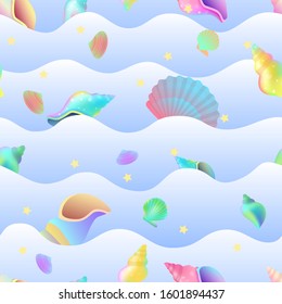 Tropical ocean blue wave seamless background clams, cartoon hand drawn shells, vector graphics, marine logo illustration, aquarium decoration, shellfish marine life
