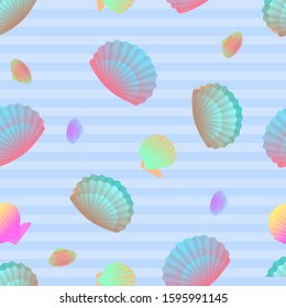 Tropical ocean colorful gradient conch, striped seamless background, cartoon hand drawn shells, vector graphics, marine logo illustration, aquarium decoration, shellfish marine life