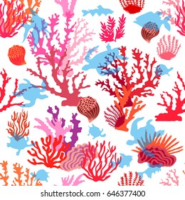 Tropical ocean corals. Seamless vector pattern with fishes, tortilllas and seaweed on white background. Marine textile collection.