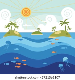 Tropical océano sección transversal con Pequeñas islas, palmeras, rayos del sol y la vida submarina con peces y medusas en estilo de diseño plano.
