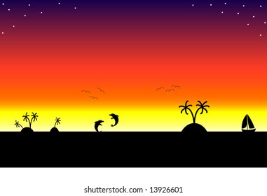 Tropical Ocean Evening Scene Vector